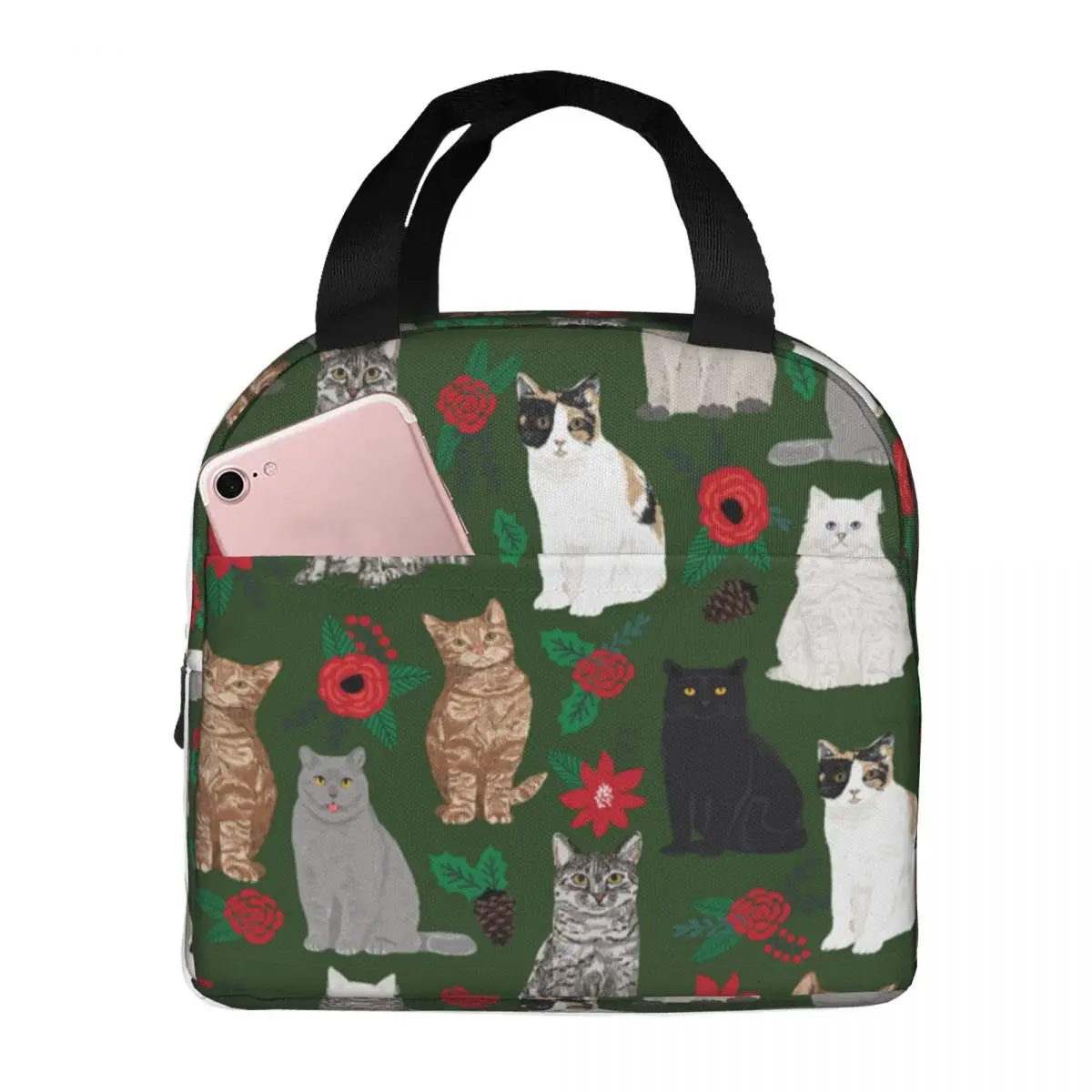 Cats Christmas Floral Lunch Bags Waterproof Insulated Canvas Cooler Bag Animal Thermal Picnic Travel Tote for Women Children