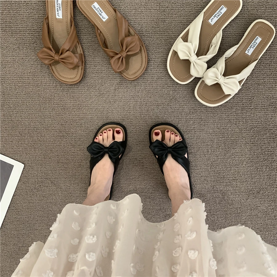Mori Style Gentle Flat Sandals 2022 Summer New French Style Bow Flip Flops Sandals Women's Shoes for Outdoors
