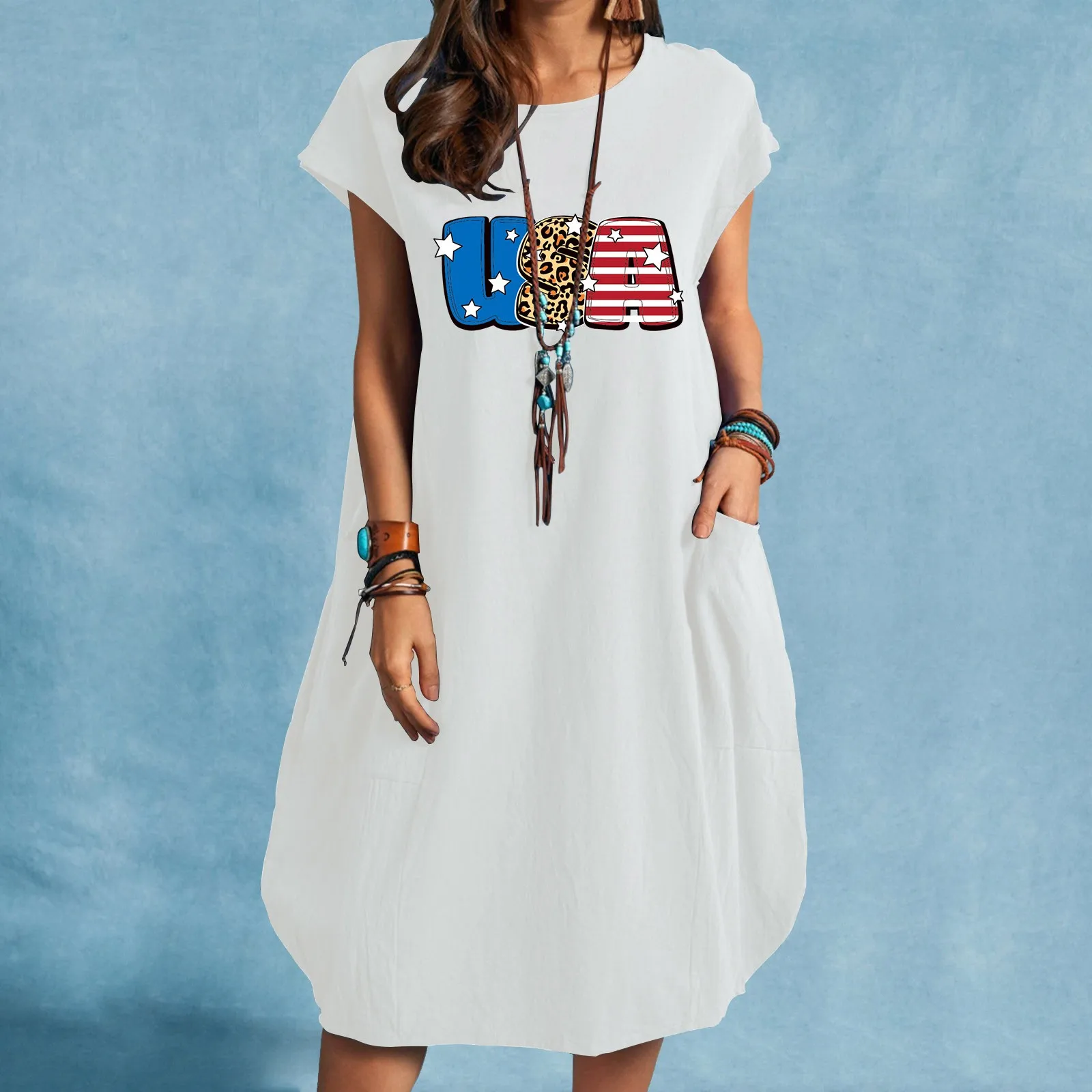 

Summer Long Dresses American Flag Letter Printed Loose Short Sleeve Dress For Women Summer Round Neck Summer Dresses Women Beach
