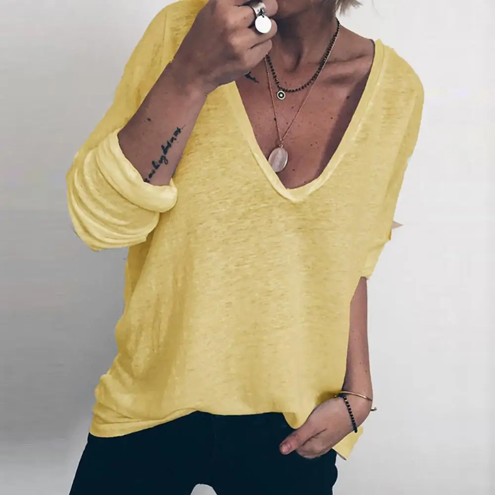 

Women's Solid Color Fashion Casual Loose Long Sleeve V-neck T-shirt Tops Blouse