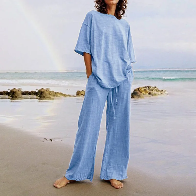

Women Fashion Loose Two Piece Sets Summer Short Sleeve O Neck T-shirt And Wide Leg Pants Suits Casual Female Solid Clothing