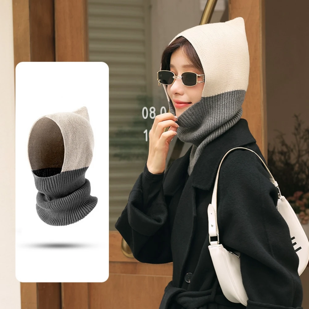 

Women Cap Knitted Cycling Cap Winter Windproof Outdoor Sports Bib Hood Contrast Stitching Warm Beanie Caps