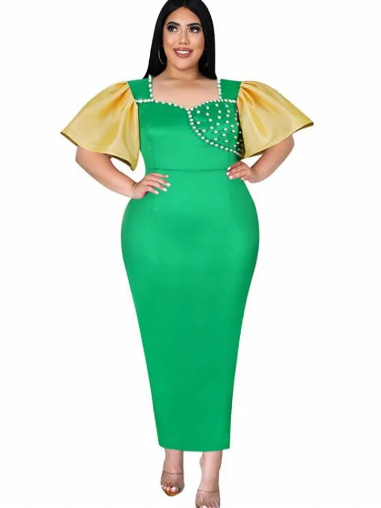 

Plus Size Long Pencil Dress Women With Pearl Flare Sleeve Patchwork Robes Summer New Fashion Elegant Streetwear Party Maxi Dress