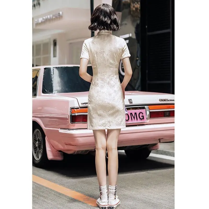 Платье-Ципао с коротким рукавом для молодых девушек белое современное короткое