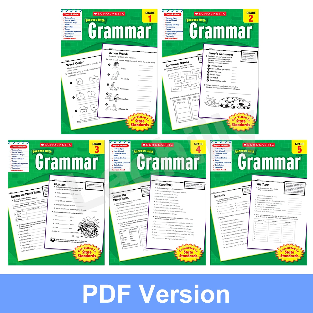

5 books/set Scholastic success with grammar Grade1-5 for kid language art skills Workbook Learning in English E-Book PDF File