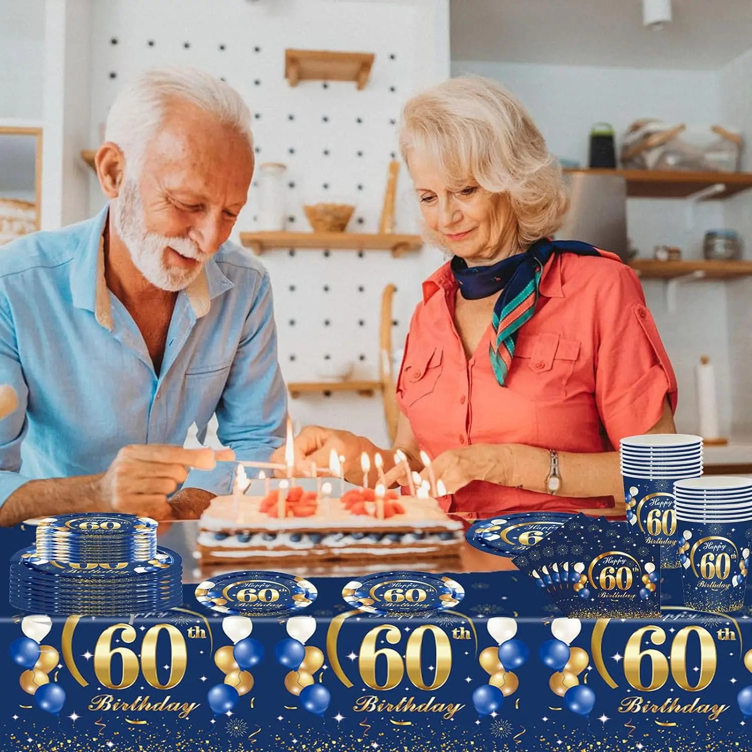 Темно-синее золото украшения на день рождения 60-го числа скатерть бумажные