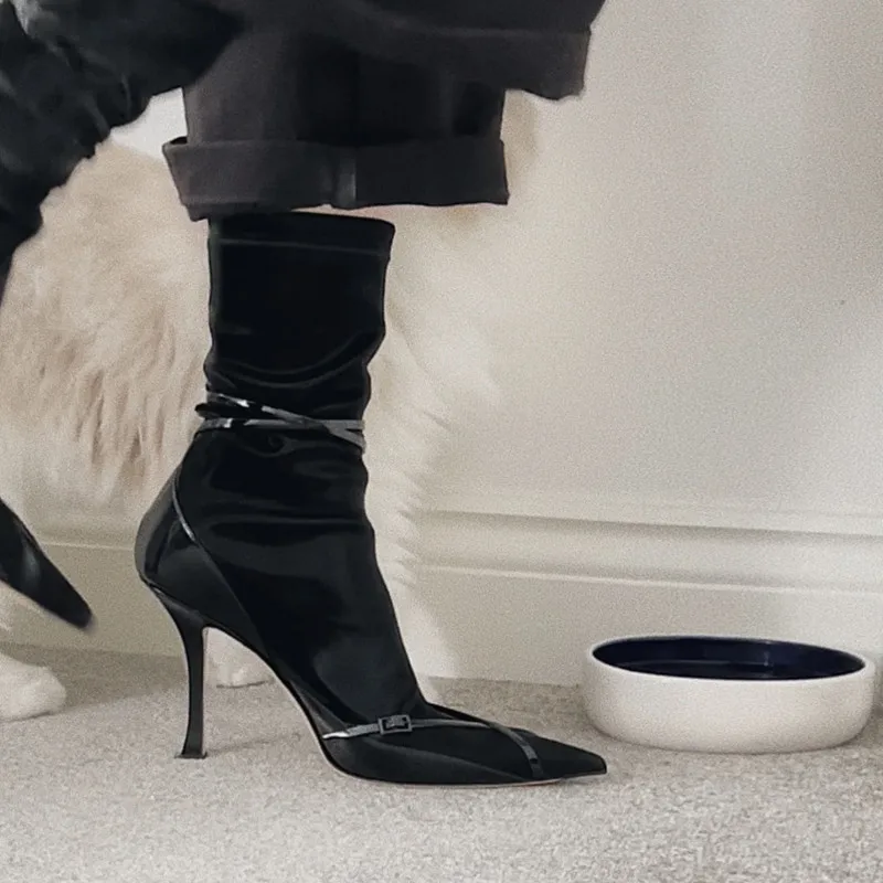

New Black Elastic Ankle Boots Women Pointed Toe Ankle Strap High Heels Women Fashion Socks Boots For Women Winter Botines Mujer
