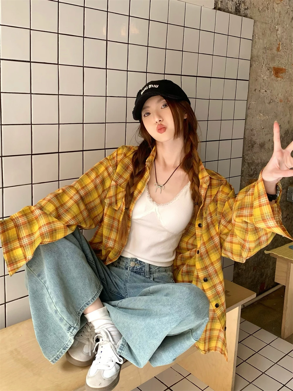 Женская рубашка в клетку ADAgirl желтая винтажная стиле Харадзюку кардиган на