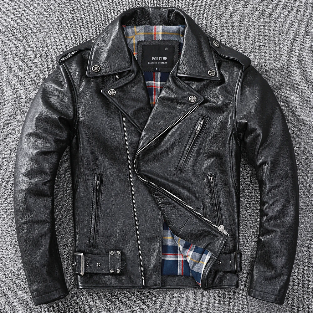 

2022 Black Motorcycle Style Genuine Cow Leather Jacket Men Plus Size Real Natural Cowhide Autumn Slim Fit Short Biker Coat Male