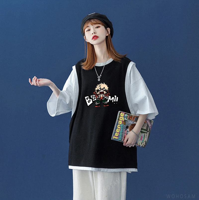 

Funny Anime Kawaii Bakugou Katsuki Short Sleeve T-shirts Japan Manga Summer Fashion Casual Oversize Women Fake Two Pieces Tshirt