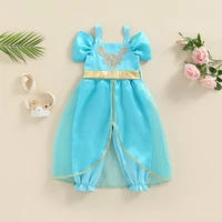 disney aladdin jasmine princess cosplay mesh floral embroidery jumpsuit kids girl summer princess costume playsuits with belt