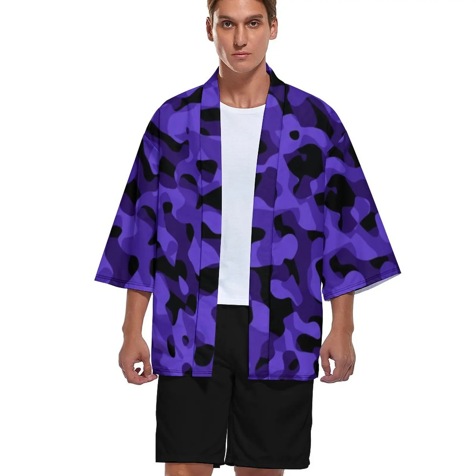 

Кимоно в стиле Харадзюку с принтом, темный Камуфляжный кардиган, рубашка с открытой передней частью, фиолетового и черного цветов, на лето