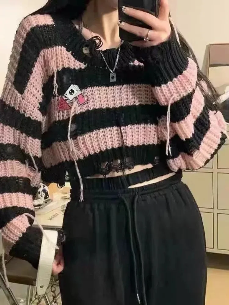 

Y2k Gothic Harajuku Stripped Crop Sweater Women Fairy Grunge Knitted Pullovers Hollow Out Mall Goth Tops 2023 Autumn