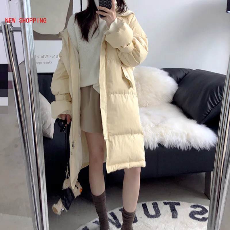 New Parka Fashion Solid Medium Long Warm Winter Jacket Women Causal Hooded Covered Button Oversize Thick Cotton Coat White Black