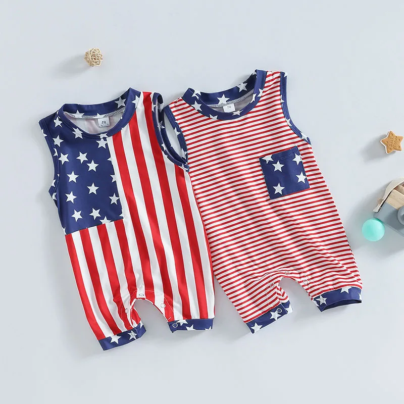

2023-04-10 Lioraitiin 0-18 месяцев для маленьких девочек и мальчиков короткий комбинезон День Независимости без рукавов полосатый комбинезон со звездами