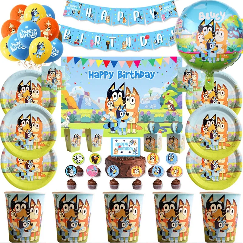 

Kids Party Decoration Supplies Cartoon Blue Dog Balloons Set Paper Cup Plate Pet Dog Backdrop Disposable Napkin Baby Shower Toys