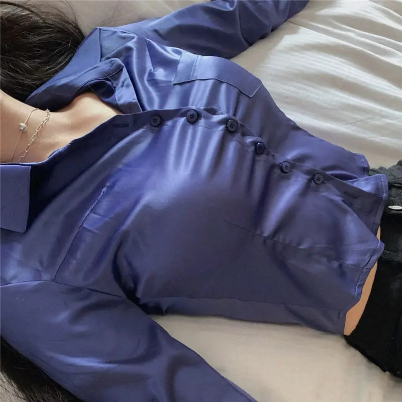 Deeptown Elegant Sexy Women Blouses Female Solid Satin Cropped Top Korean Streetwear Long Sleeve Shirts Tunic Slim Chic Fashion