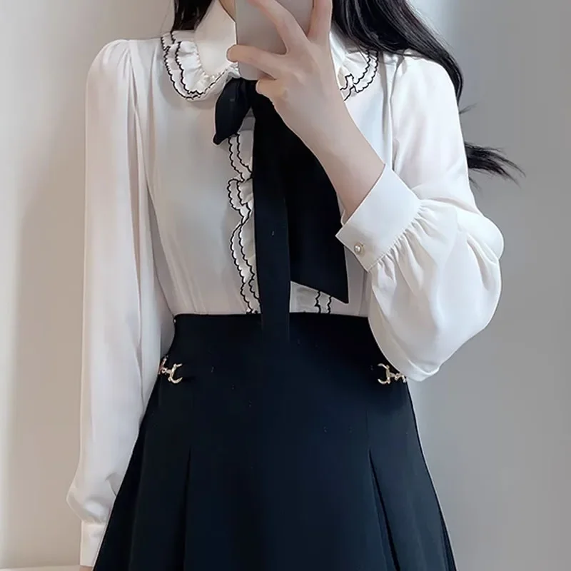 Модная женская рубашка с кукольным воротником блузка бантом женские топы