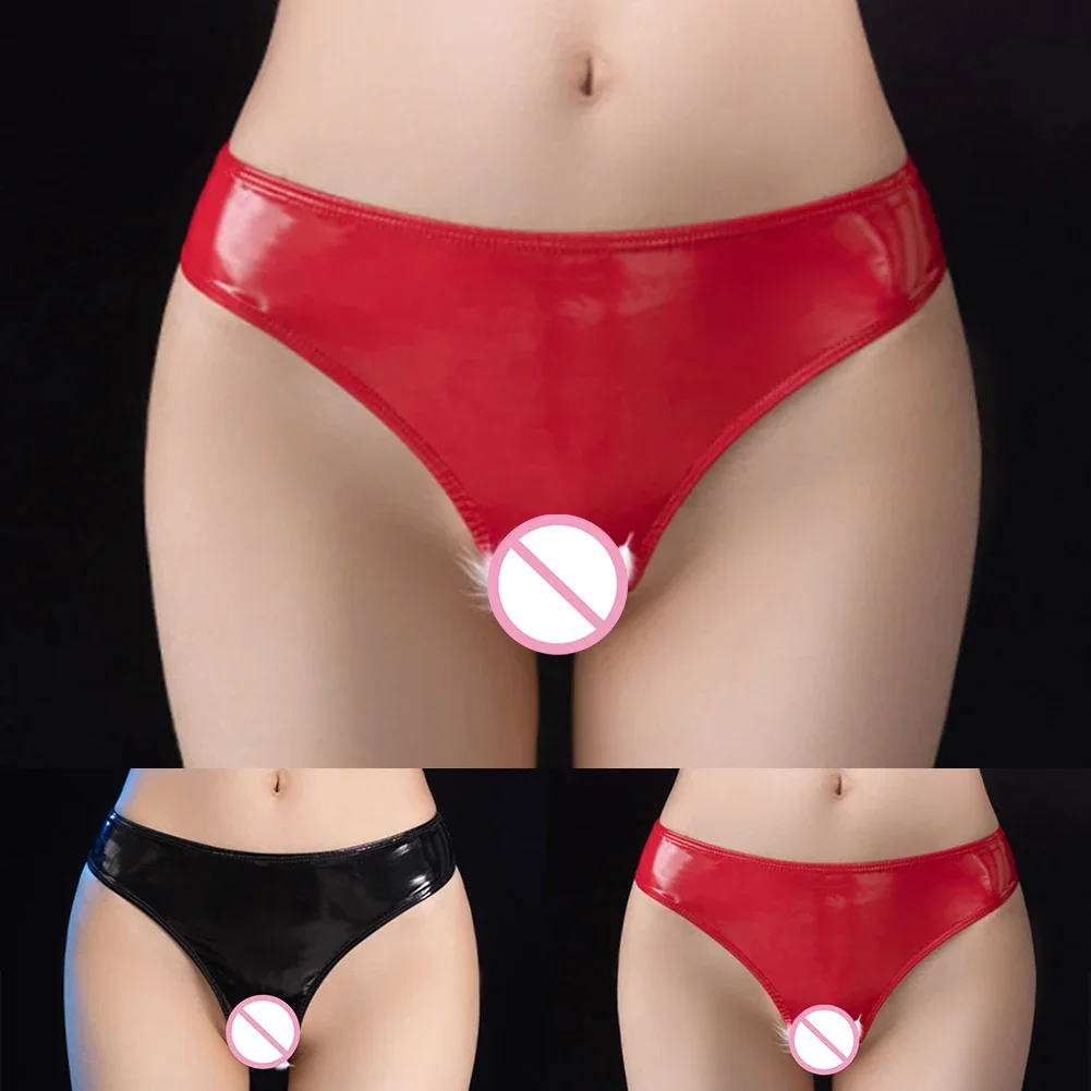 Женское нижнее белье трусики из лакированной кожи с открытой промежностью