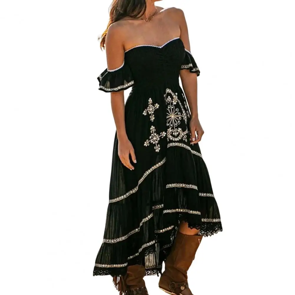 

Bandeau Off Shoulder Sleeve Beads Printing Summer Women Dress Lace Stitching Trim High Low Hem Dress Beach Streetwear