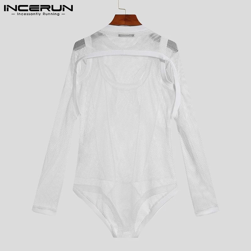 2023 Men Bodysuits Mesh Patchwork See Through Pajamas O-neck Long Sleeve Skinny Rompers Underwear Sexy Bodysuit INCERUN S-5XL