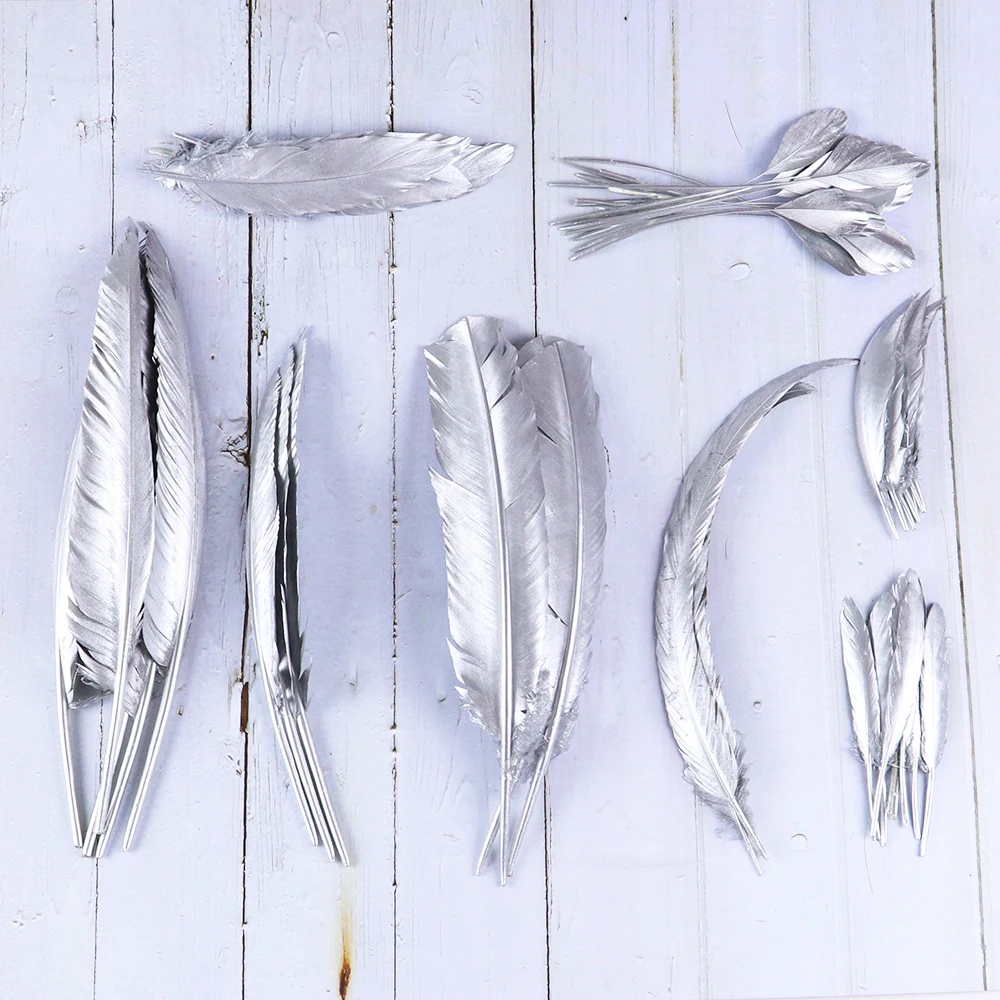 

Красивые серебряные натуральные гусиные перья индейки 10 шт./лот, украшение «сделай сам» для вечерние, декоративные поделки, оптовая продажа