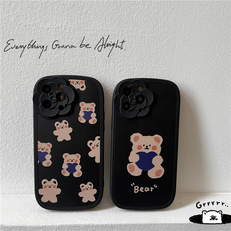 

13 Pro Case Chic Cute Bear Hearts Cover for iPhone 13 11 Pro Max Letter Rose Floral Lens Cover for iPhone X XR XS 13 Pro Cases