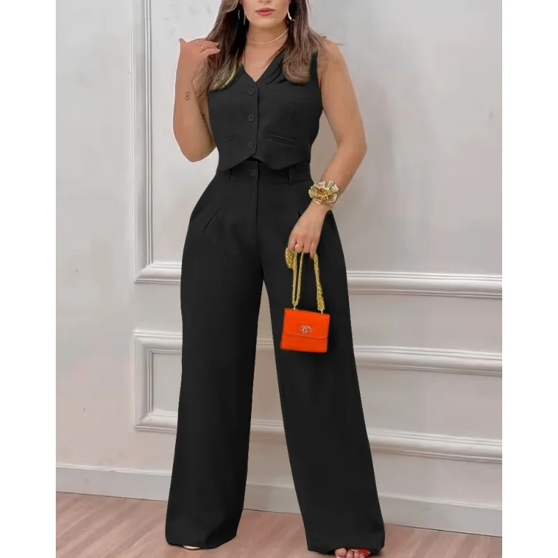 Women Sleeveless Buttoned V-neck Crop Top High Waist Pants Set Casual Two Piece Suit Sets Women Outfits Set Summer Outwear 2023