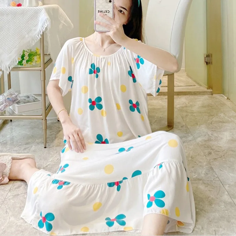 Women Student Sweet Nightdress Cotton Silk Summer Style Sleep Dresses Ladies Pajamas Nightgown