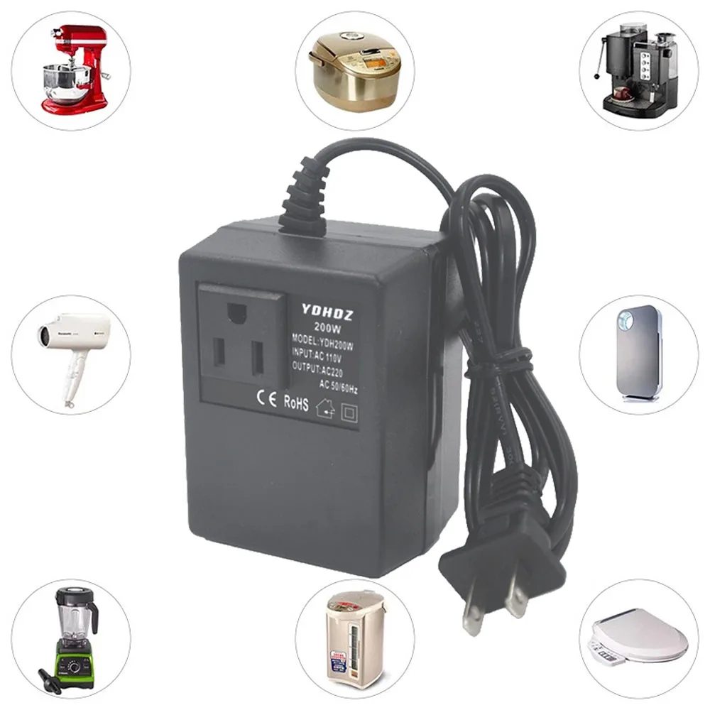 

US/UK Plug Adapter AC 220V to 110V 200W Converter Transformer Step Down Power Supply Buck Transformer Converter Travel Inverter