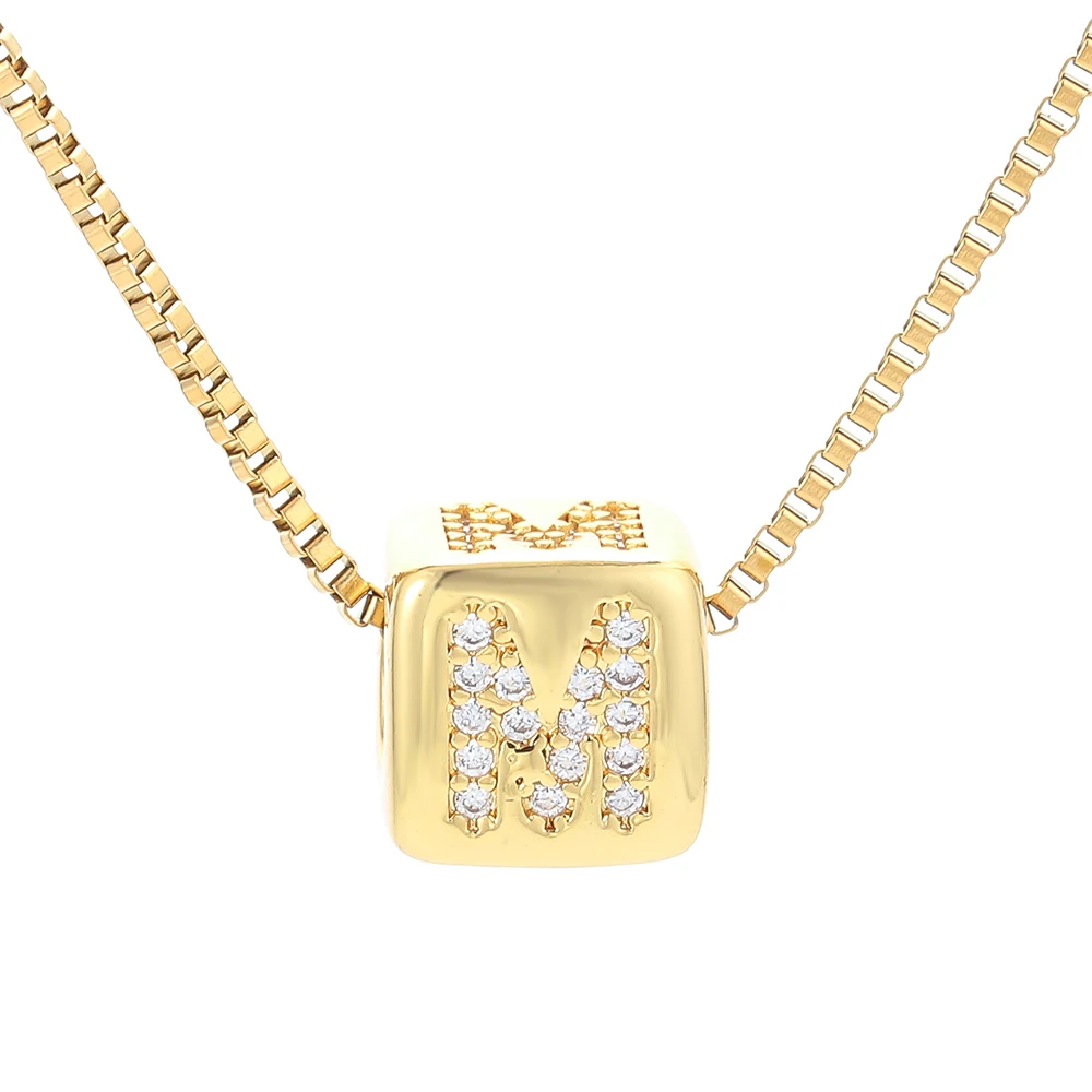 EYIKA Gold Plated Cube Beads Inlaid White Zircon Letters Pendant Necklace 26 Alphabet Name Clavicle Chain Women Jewelry for Gift