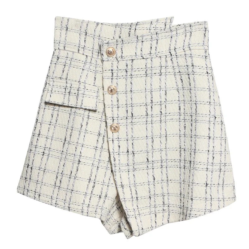 Women's Irregular High Waist Shorts Skirt New Vintage Plaid A Line Casual Office Lady French Sweet Shorts Tweed Female summer