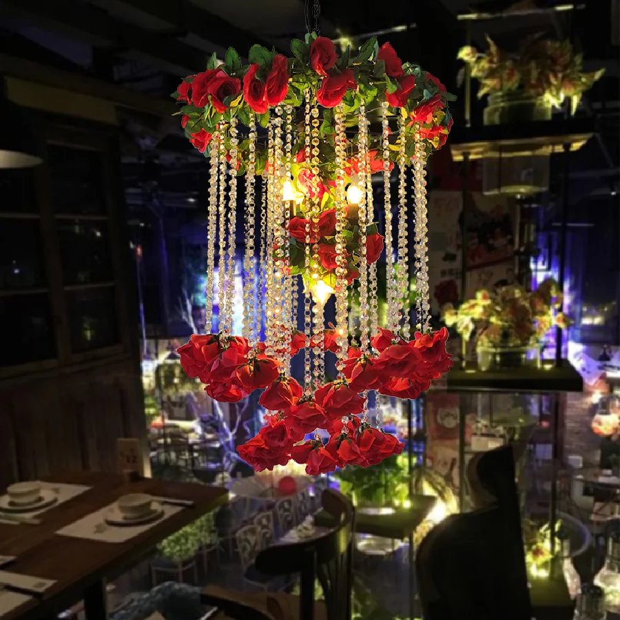 

Идиллический Хрустальный подвесной светильник, украшение для свадебного зала, романтическая теплая розовая и зеленая люстра с цветами