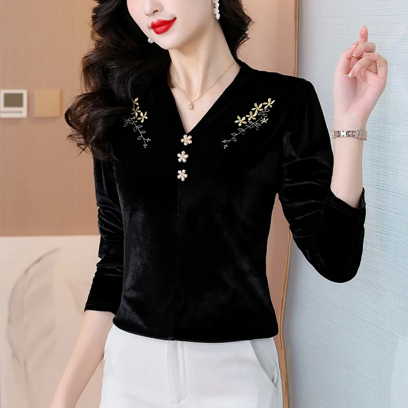 Осень/зима черная толстая бархатная рубашка женская блузка элегантный топ с