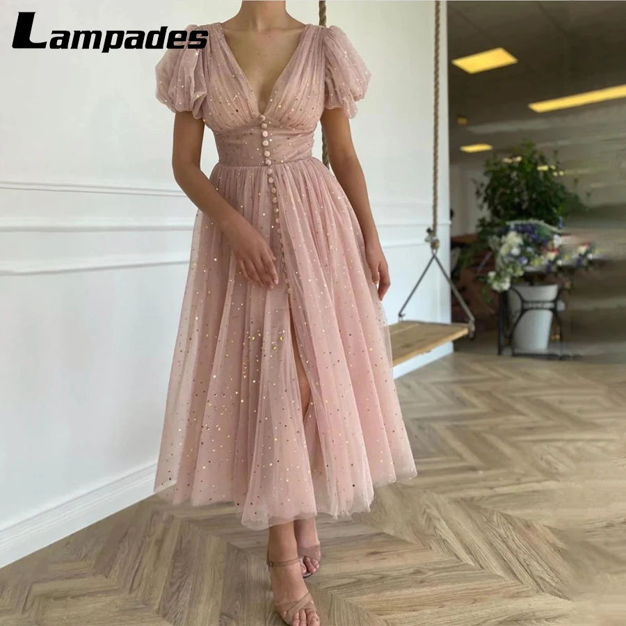 

V-neckline Tea Length Gathered Short Puffy Sleeves Party Dress Tulle Button-Down Prom Dress Vestidos De Mujer Elegantes Para
