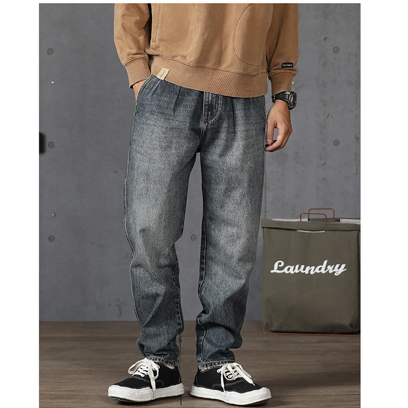 Men Clothing New Pattern Recreational Vintage Nostalgia Blue Jeans Straight Cylinder Loose Street Trousers Autumn Female Sex