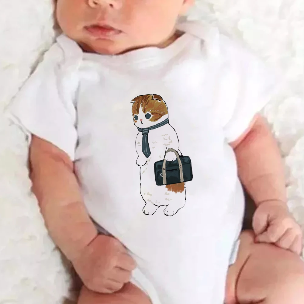 

Creative Funny Casual O-Neck Baby Girl Boy Onesie Cute Cat Holding Briefcase Graphic Summer Short Sleeve Infant Romper