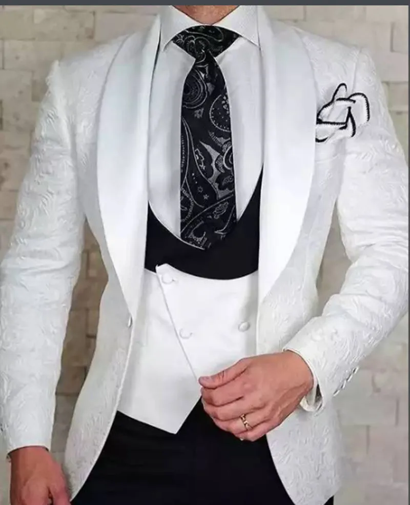 

White Floral Wedding Tuxedo for Groom 3 Piece Slim Fit Double Breasted Waistcoat(Jacket+Black+Pants)Male Fashion Costume