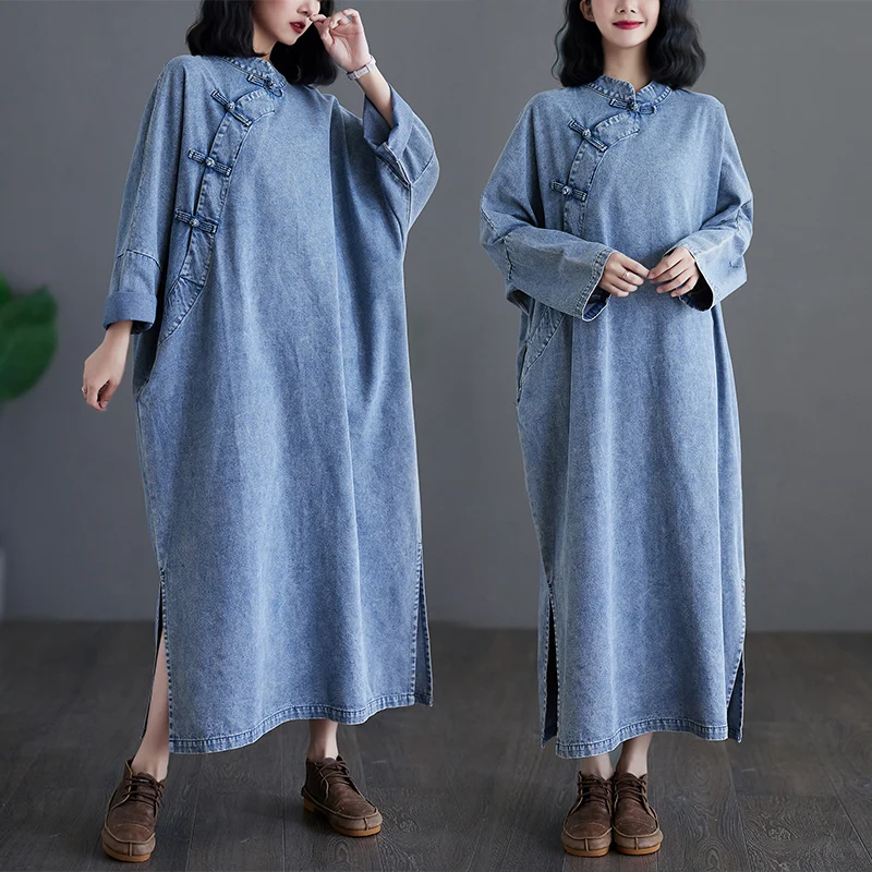 Весна и осень 2023 свободное платье больших размеров с воротником-стойкой для