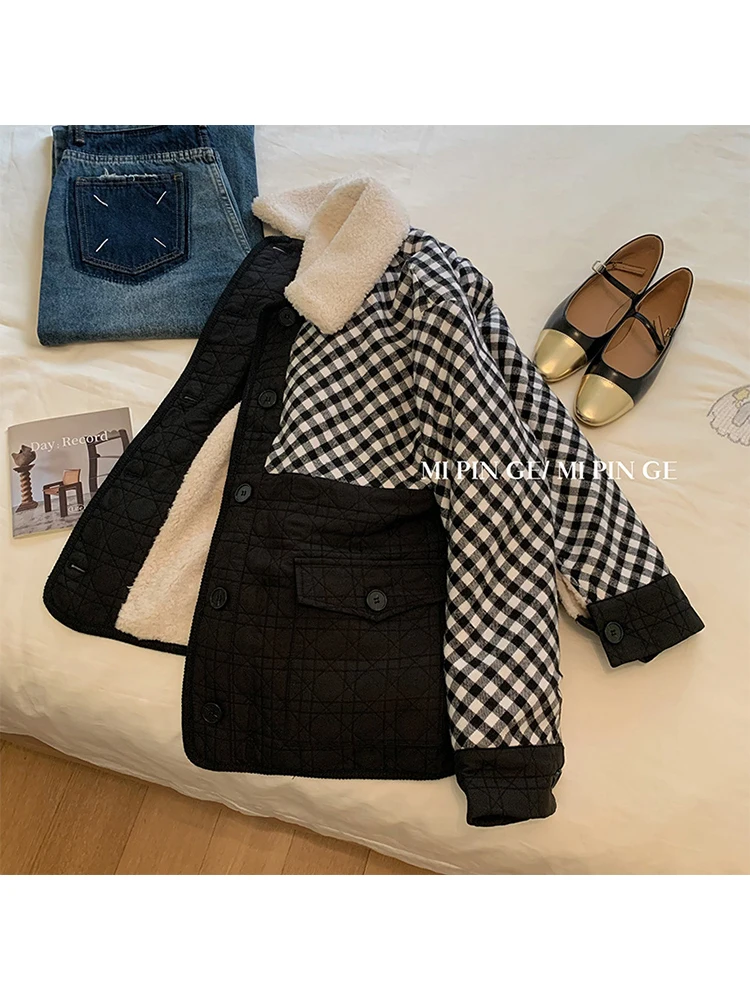 

Contrast Color Plaid Patchwork Coat Thicken Warm Autumn Winter Jacket 2022 New Lambs Wool Lapel Lady Cozy Outer Loose Vintage