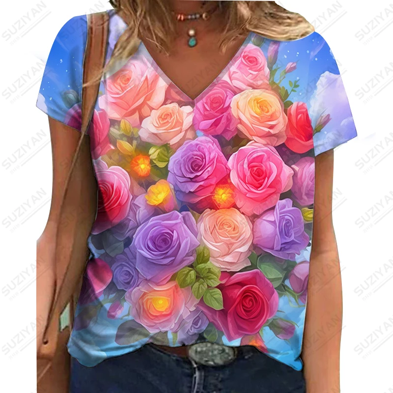 

Летняя новая женская футболка с V-образным вырезом с 3D принтом роз мисс с V-образным вырезом Футболка красивая Повседневная модная трендовая футболка с V-образным вырезом