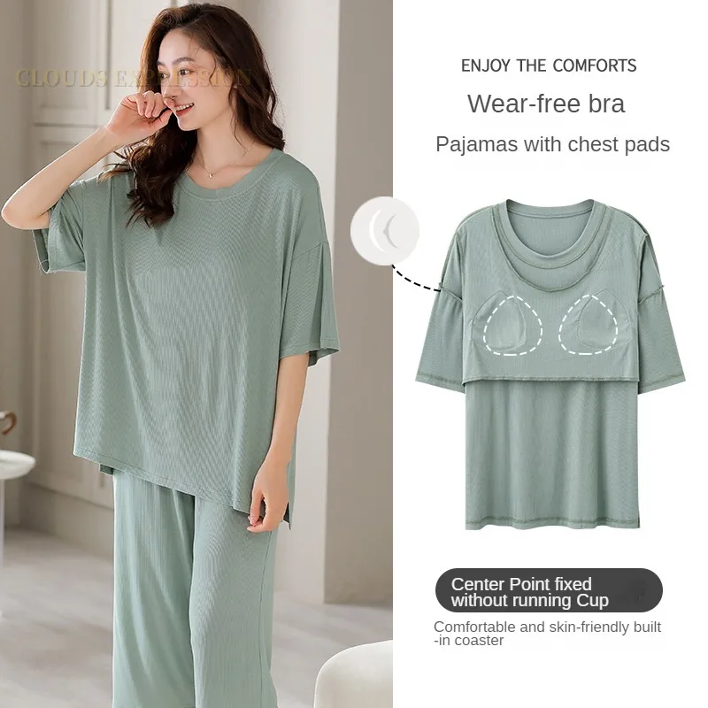 

Летние капри Ночная одежда с подкладкой внутри бюст для молодых женщин пижамные комплекты пижамы одежда для сна для девочек домашняя одежда