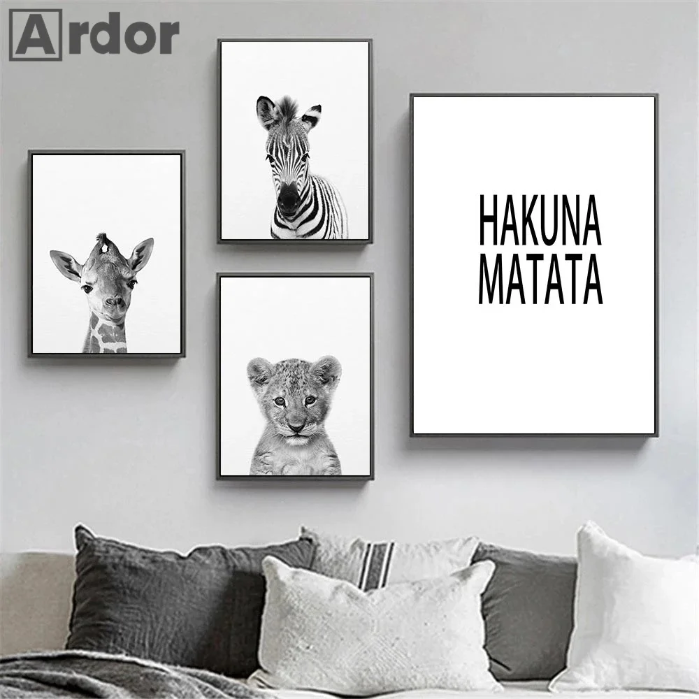 

Baby Zebra Deer Elephant Rhinoceros Monkey Poster HAKUNA MATATA Quotes Art Print Nursery Canvas Painting Nordic Kids Room Decor