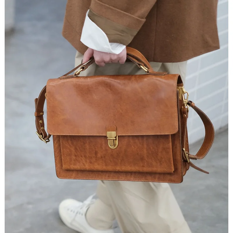 Fashion luxury genuine leather women's briefcase designer business casual real cowhide work handbag female lock messenger bag