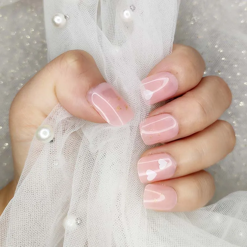 

20Pcs Pink Heart French Square Head Detachable False Nails Ballerina Short Fake Nails Full Cover Nail Tips H69