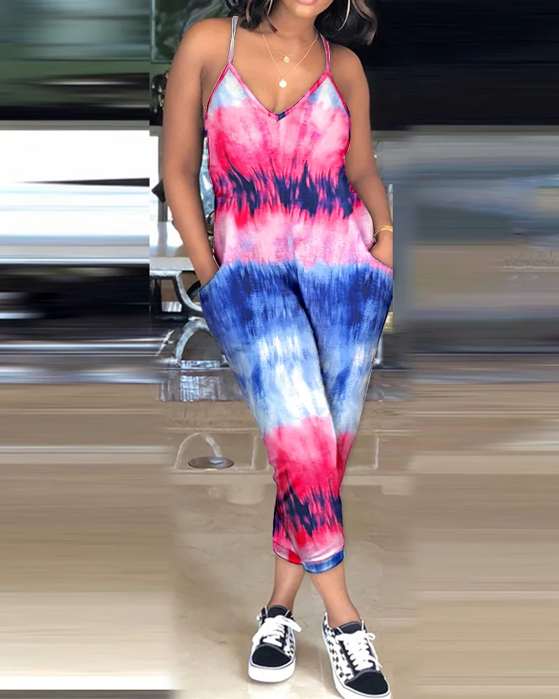 

Women Tie Dye Print Pocket Design Spaghetti Strap Long Jumpsuits Pants NEW Jumpsuit Sleeveless High Waist Loose Overalls