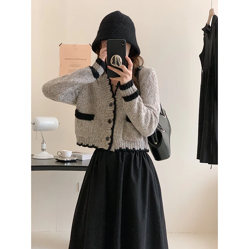 

Корейский элегантный короткий однобортный свитер кардиган на пуговицах женская элегантная трикотажная одежда 2022 зимнее винтажное трикота...