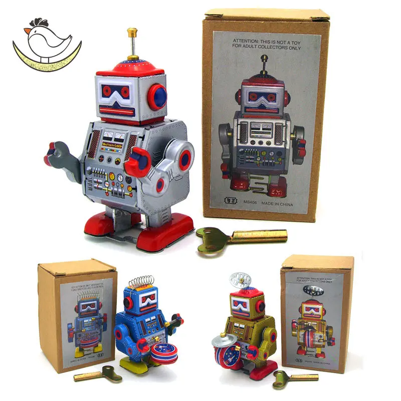 10cm Tin Toys Robot for Adults 18 Clockwork Walking Action Figure Chron Baby Drumming Robot Collectible Toys Gifts Vintage Toys