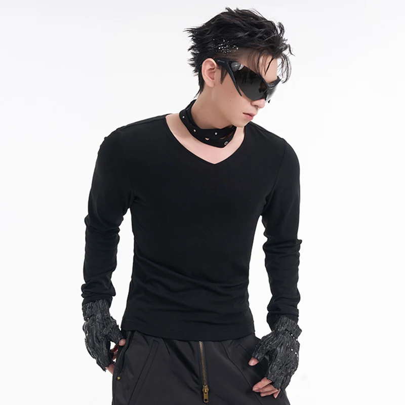 FEWQ мужские футболки с v-образным вырезом однотонные тонкие флисовые длинными