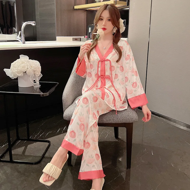 2023 Spring Ice Silk Pajamas Women's Long-Sleeved National Style Buckle Pajamas Suit High-Grade Internet Celebrity Homewear